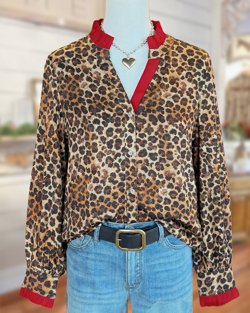 Leopard Print Stylish Ruffles Trim Button Up Blouse