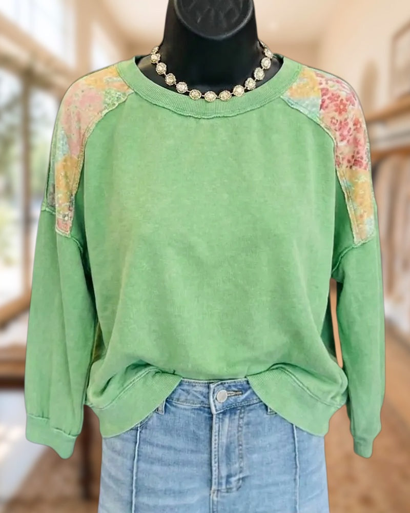 Floral Raglan Contrast Panel Ribbed Crew Neck Loose Sweatshirt