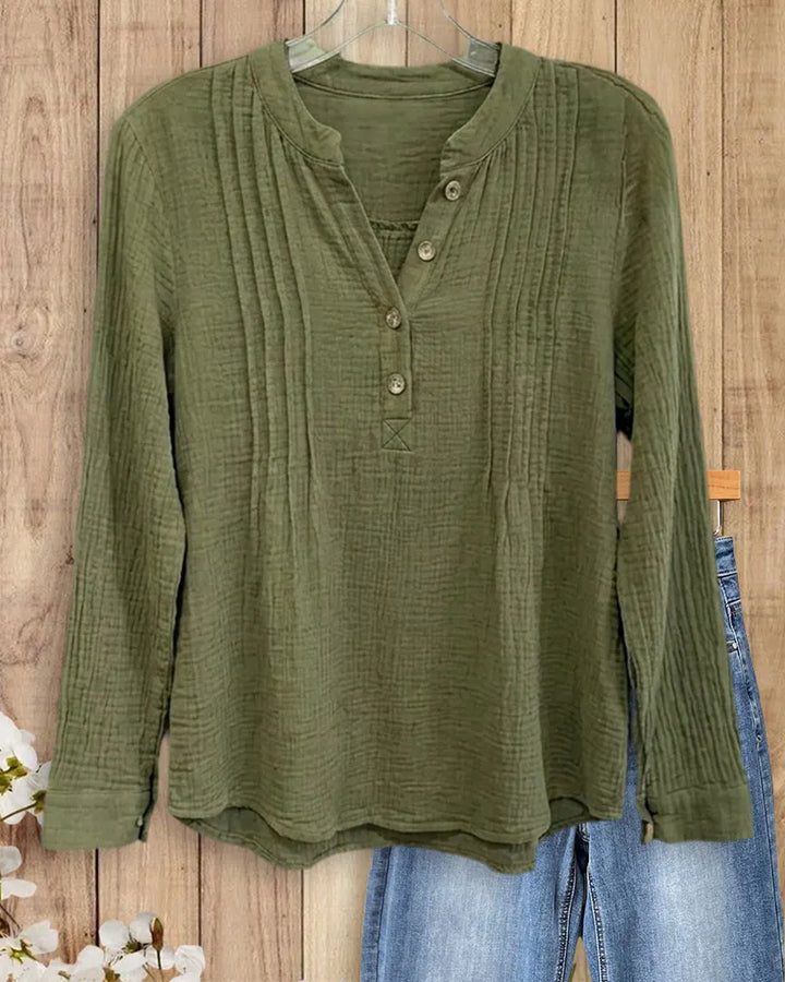 Mandarin Collar Half Button Pintuck Long Sleeve Blouse