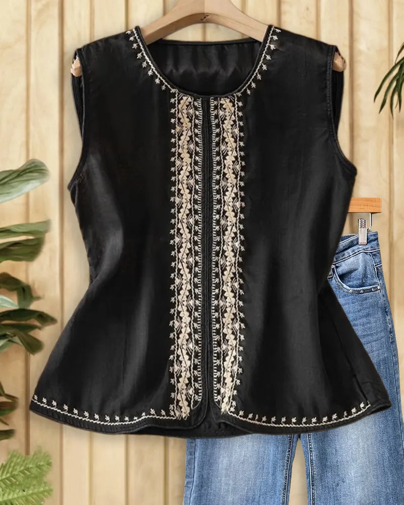 Round Neck Embroidered Sleeveless Split Hem A-Line Top