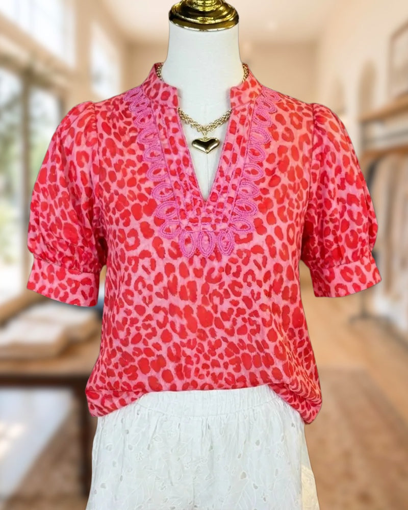 Leopard Print Embroidery Detail Puff Sleeve Loose Fit Blouse