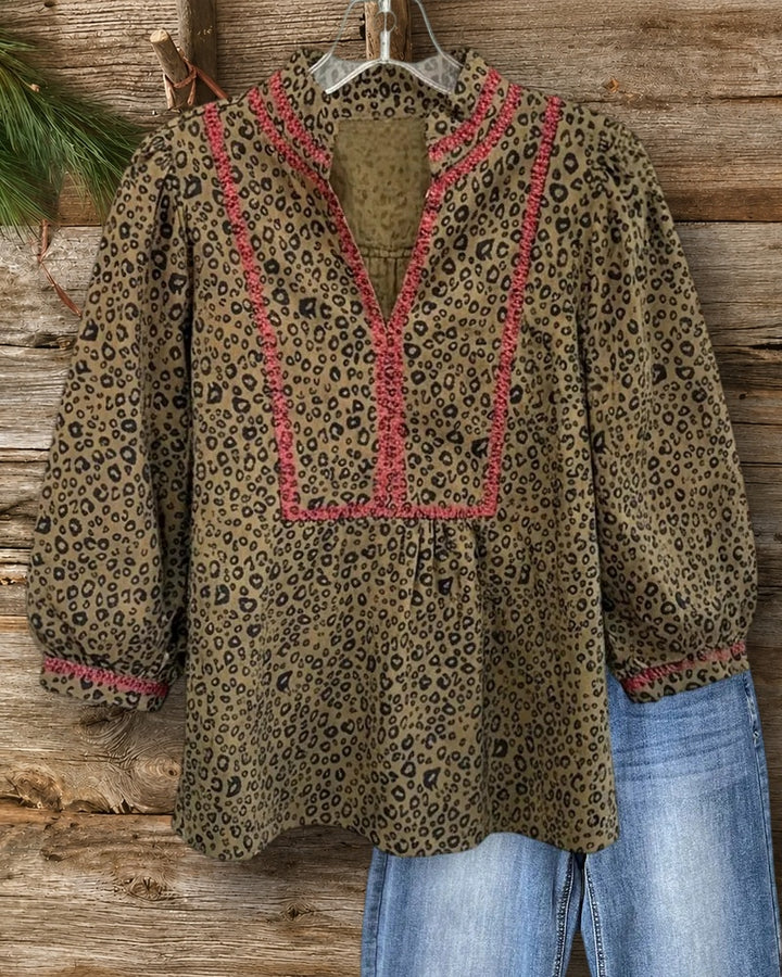 Leopard Print Contrast Trim V Neck Gathered 3/4 Sleeve Blouse