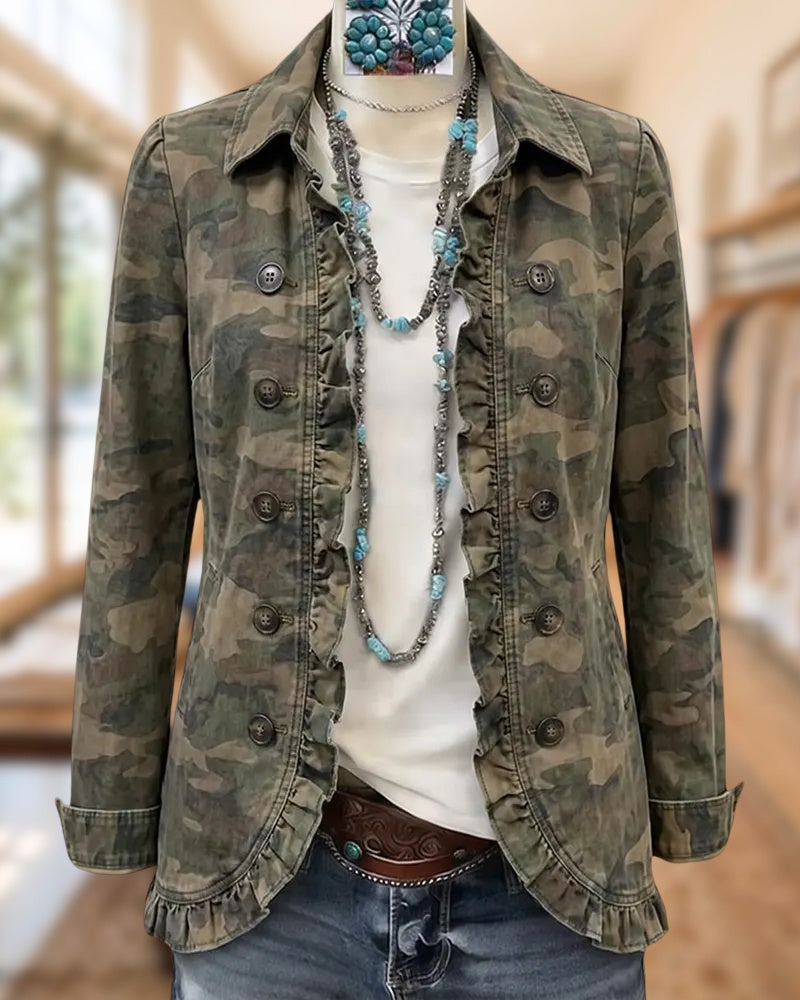 Ruffled Trim Open Front Camo Print Casual Jacket