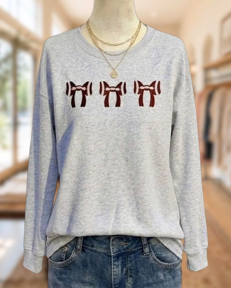 Crew Neck Bow Embroidery Cute Long Sleeve Sweatshirt