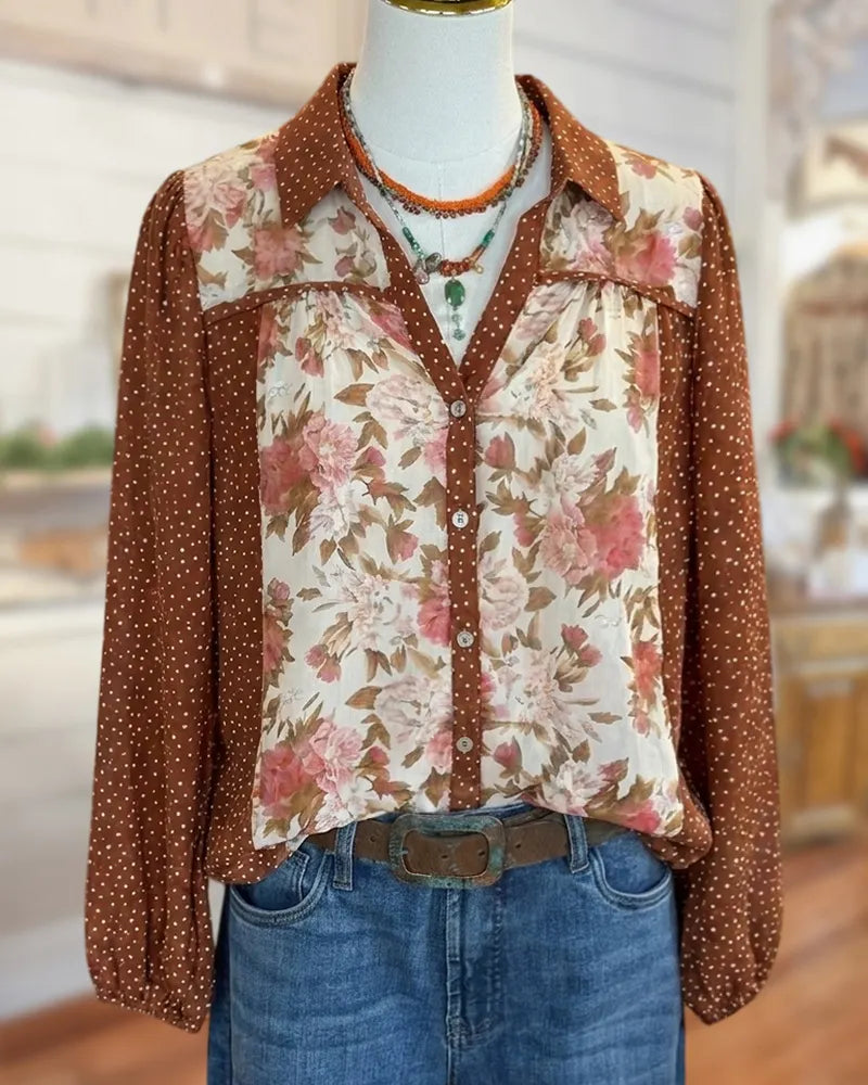 Floral Polka Dot Patchwork Button Front Bishop Sleeve Blouse