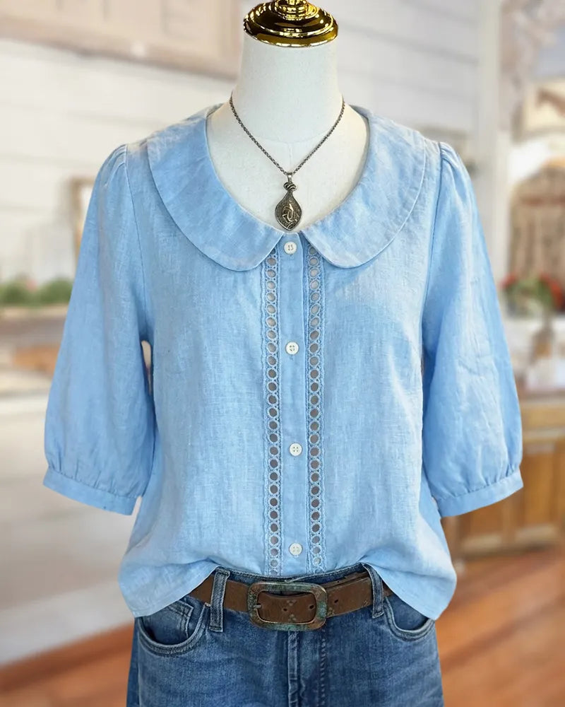 Peter Pan Collar Eyelet Trim Puff Sleeve Casual Blouse