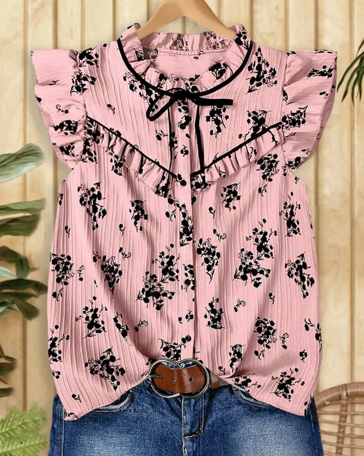 Floral Print Ruffle Trim Tie Neck Button Front Blouse