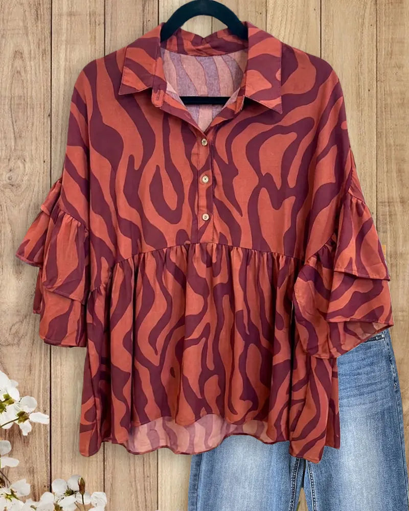 Zebra Print Ruffle Sleeve Collared Half Button Peplum Blouse