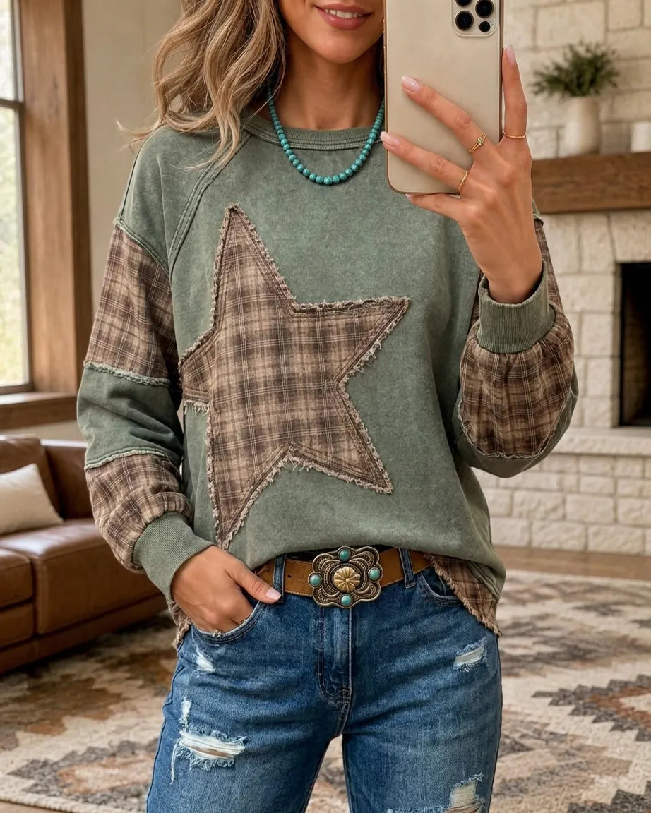 Plaid Patchwork Star Applique Raw Edge Long Sleeve Sweatshirt
