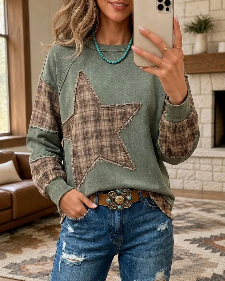 Plaid Patchwork Star Applique Raw Edge Long Sleeve Sweatshirt