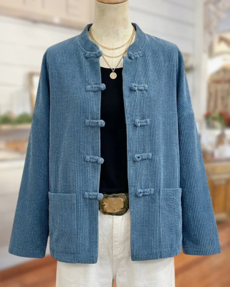 Mandarin Collar Frog Button Pocket Solid Color Jacket
