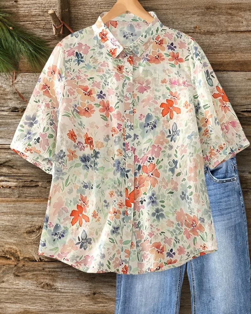 Watercolor Floral Print Collared Half Sleeve Loose Casual Shirt