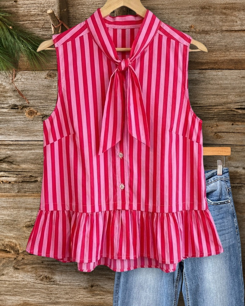 Tie Neck Sleeveless Ruffle Hem Button Front Casual Blouse
