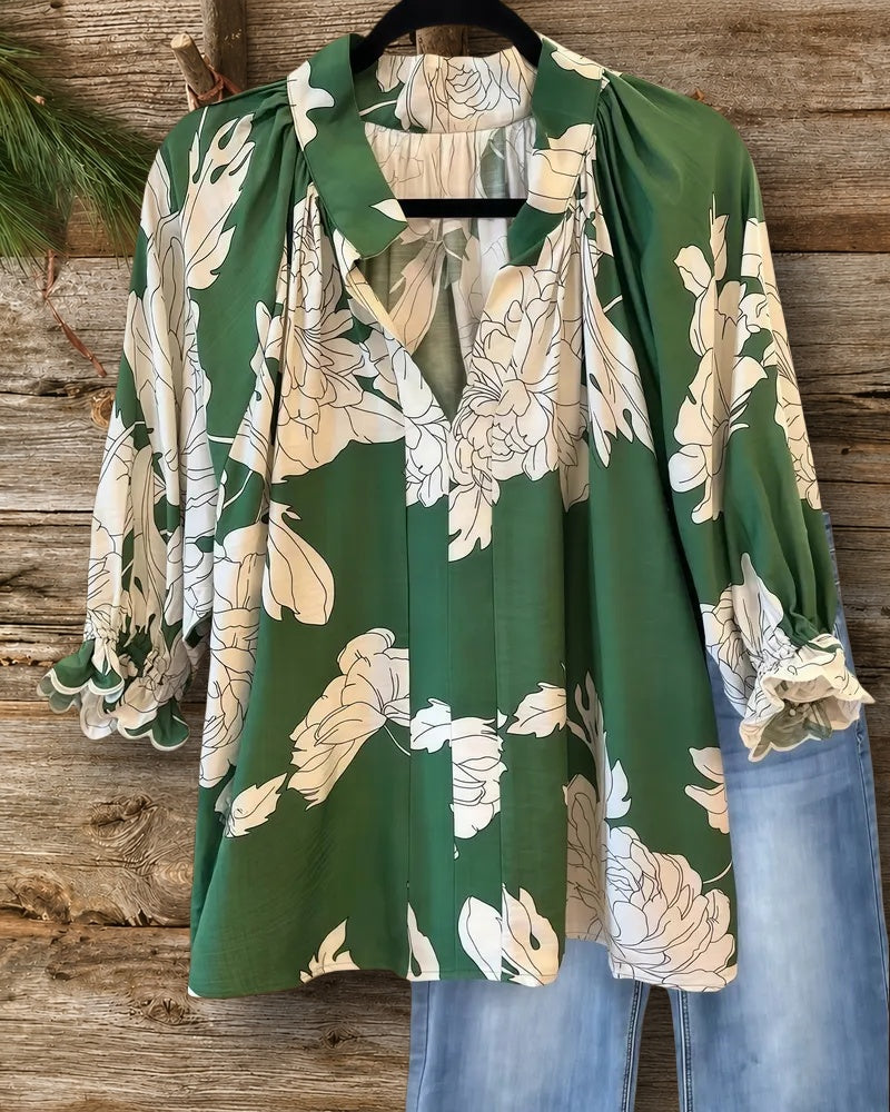 Floral Print V Neck Puff Sleeve Smart Blouse