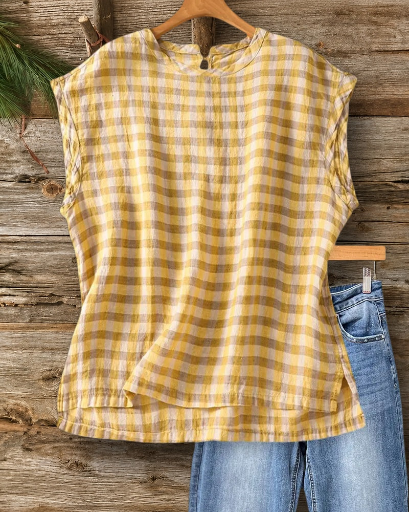 Cap Sleeve Plaid Round Neck Keyhole Back Loose Blouse