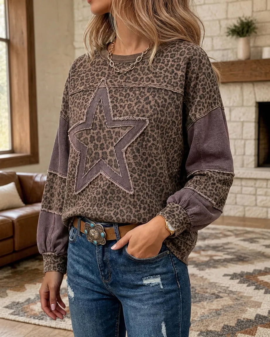 Leopard Print Star Applique Loose Sweatshirt with Colorblock Sleeves