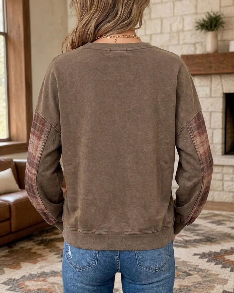 Plaid Patchwork Flower Applique Crew Neck Long Sleeve Sweatshirt