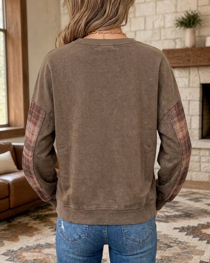 Plaid Patchwork Flower Applique Crew Neck Long Sleeve Sweatshirt