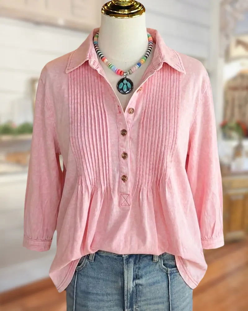 Collared Pintuck Half Button 3/4 Sleeve Loose Casual Blouse