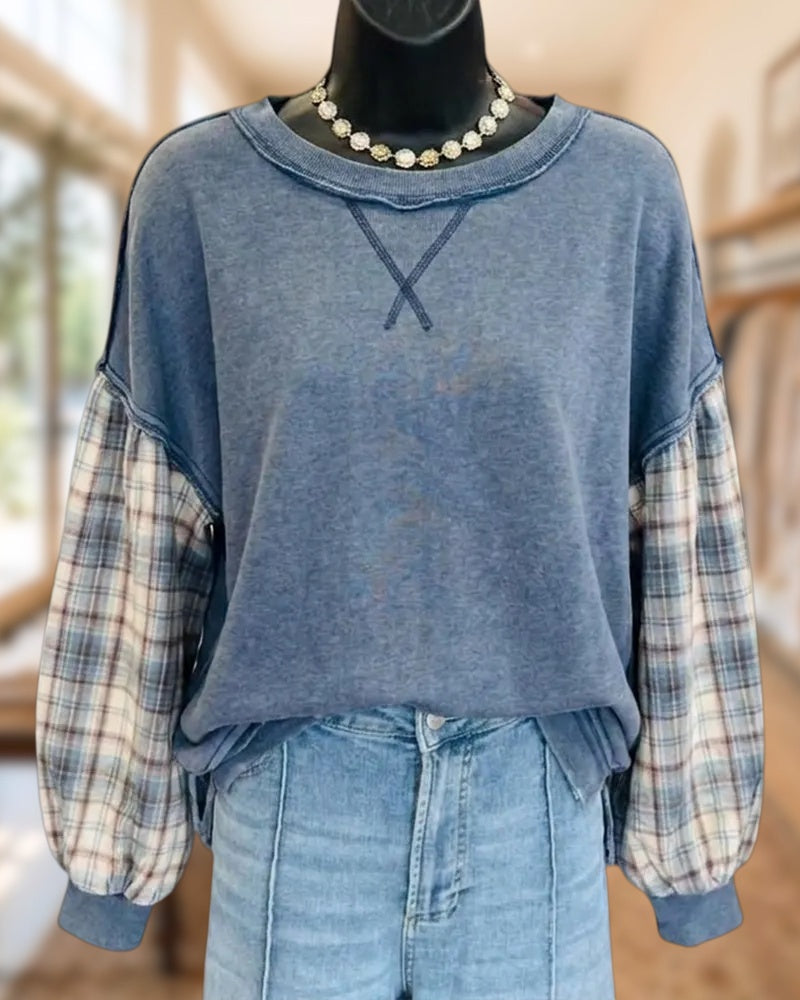 Plaid Contrast Sleeve Crew Neck Exposed Seam Casual Sweatshirt