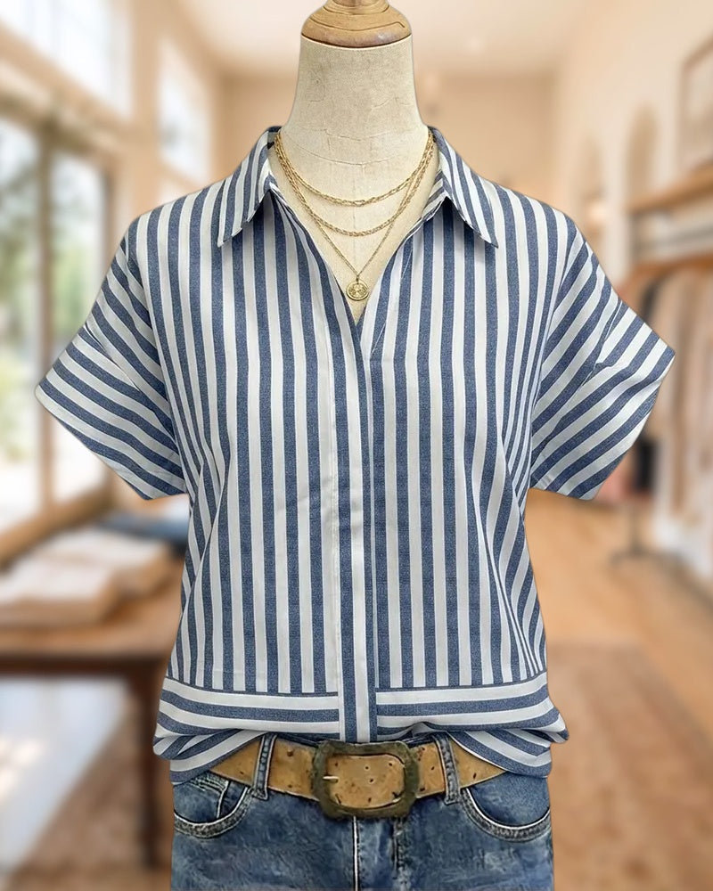 Collared Short Sleeve Striped Patchwork Casual Daily Shirt
