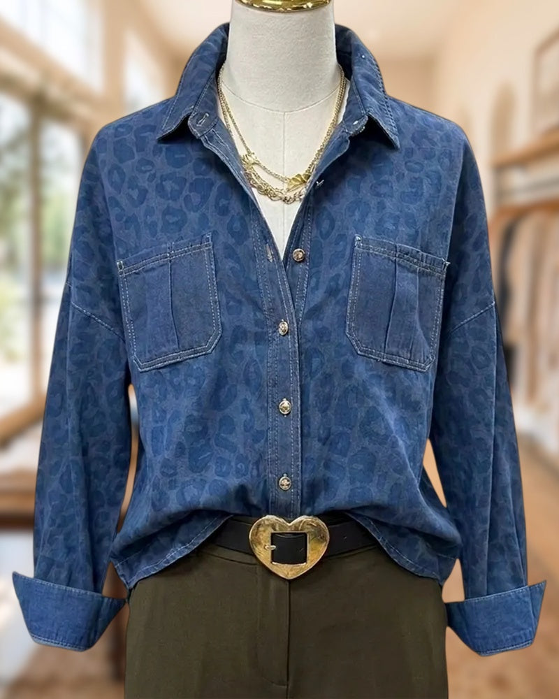 Leopard Print Button Down Shirt With Chest Pockets