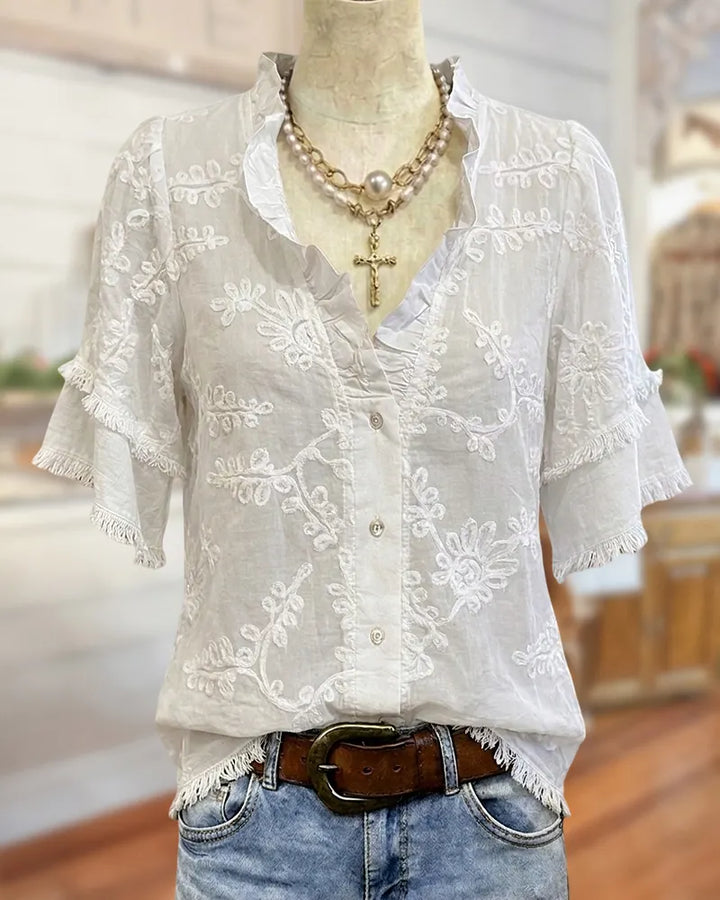 Floral Embroidered Tassels Trim V Neck Button Front Casual Blouse