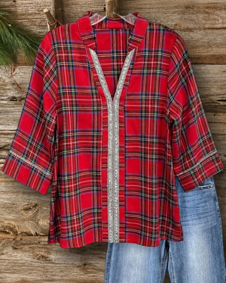 Plaid 3/4 Sleeve Glitter Trim Blouse