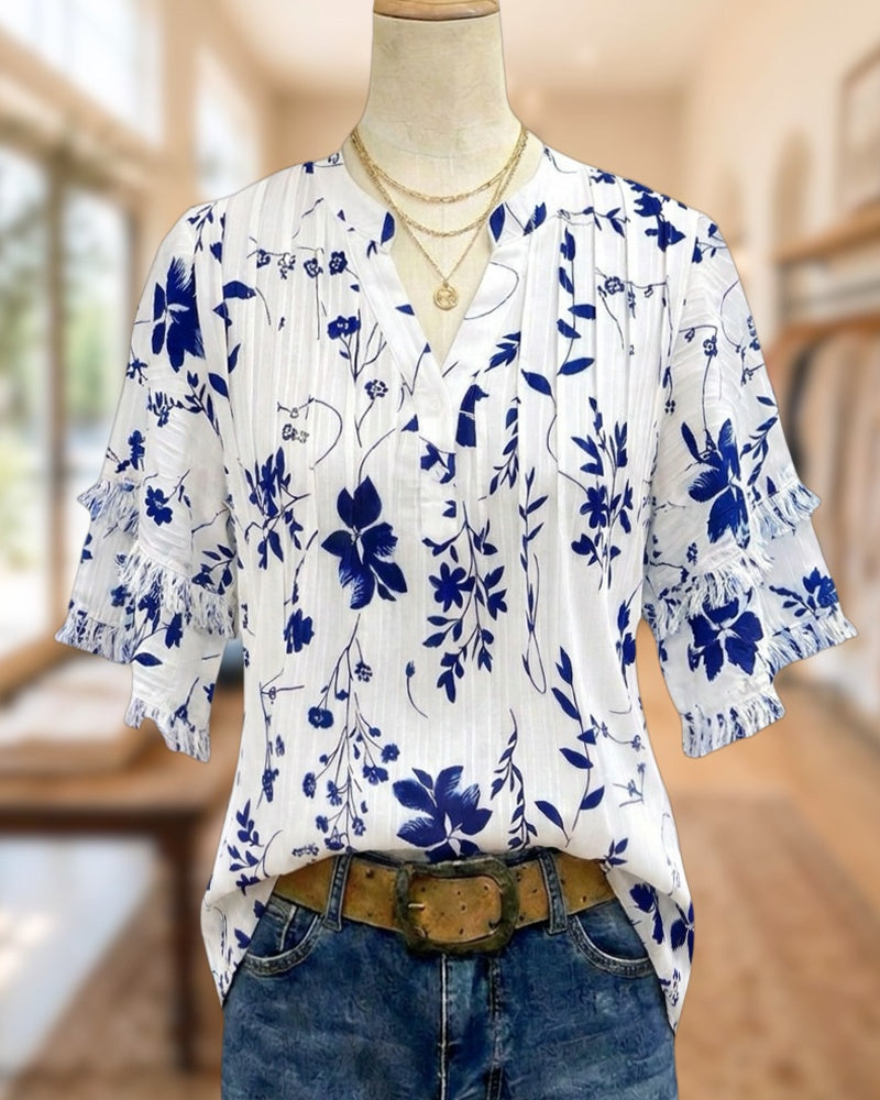 Floral Print V Neck Pleated Tiered Sleeve Blouse