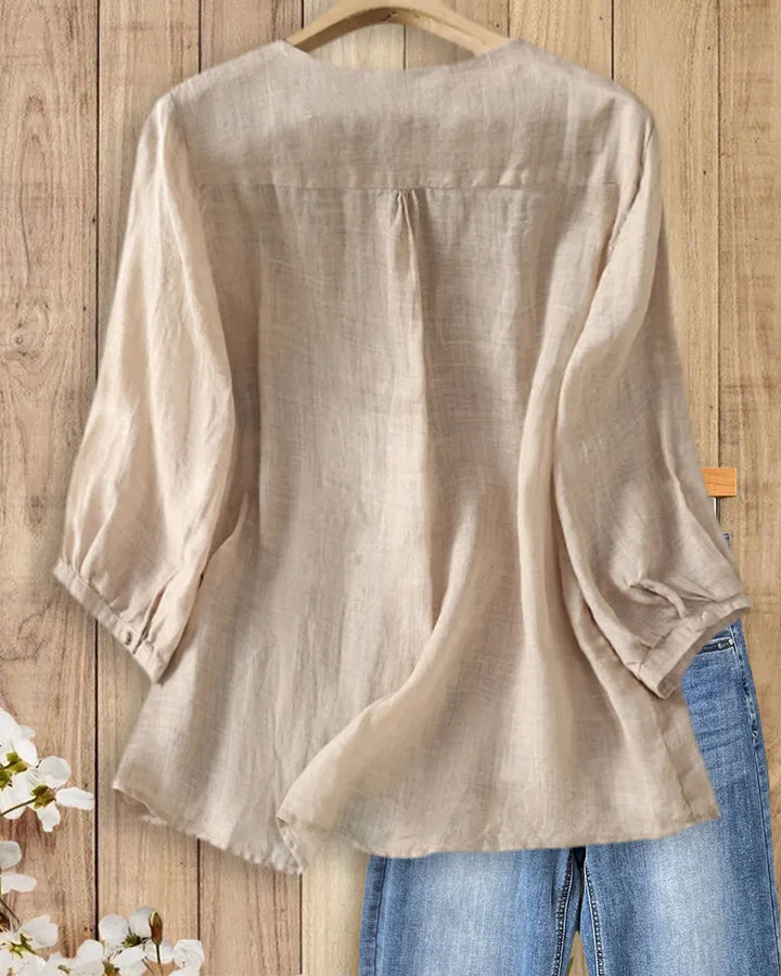 V Neck Embroidered Button Front 3/4 Sleeve Loose Blouse