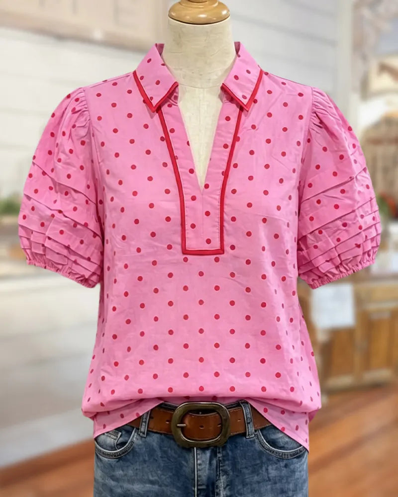 Polka Dot Collared Puff Sleeve Contrast Trim Casual Blouse