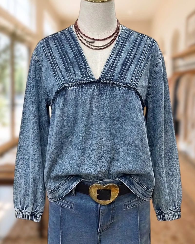 V Neck Pleated Detail Washed Denim Long Sleeve Blouse