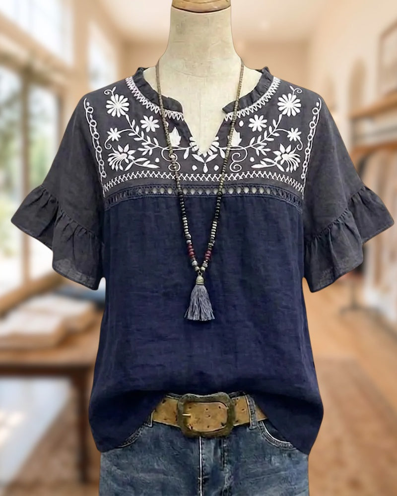 Floral Embroidered Ruffle Sleeve V Neck Cutout Casual Blouse