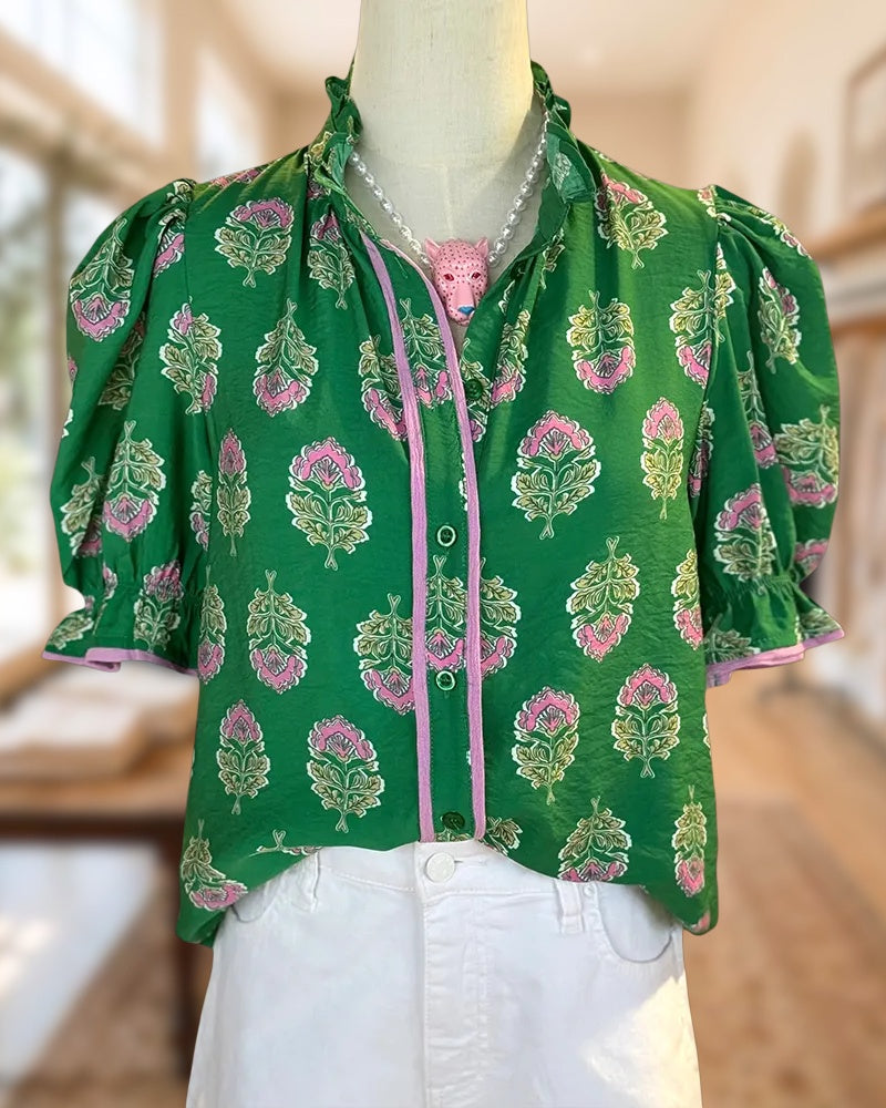 Printed Puff Sleeve Ruffled Collar Contrast Trim Button Front Blouse