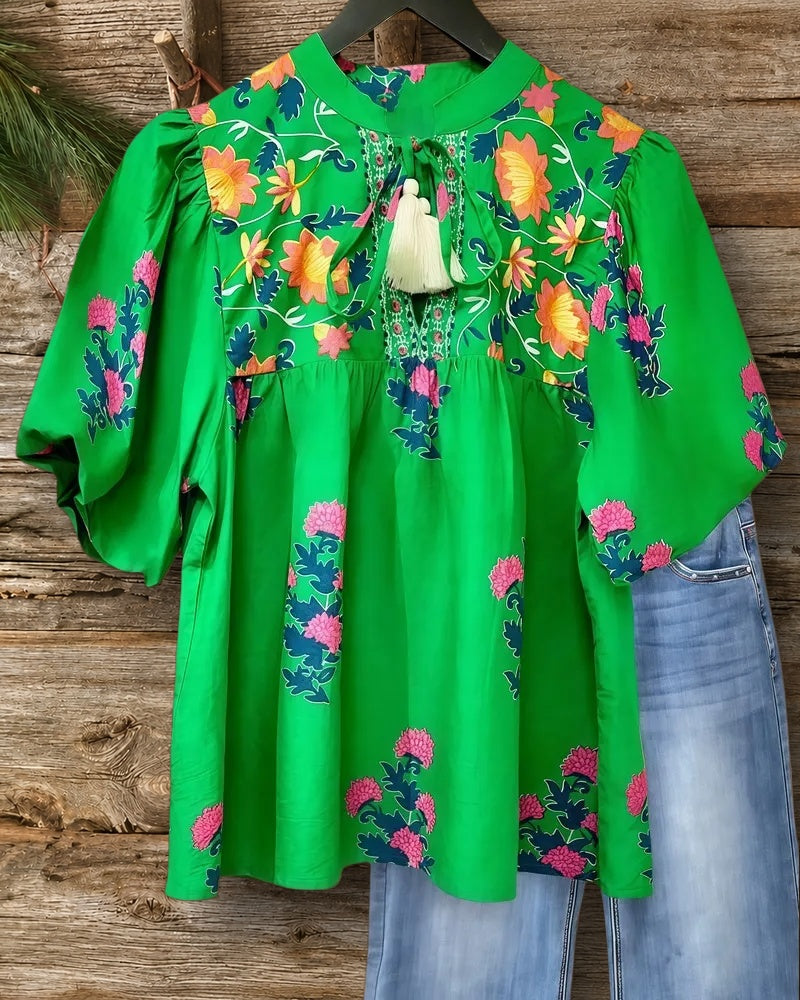 Floral Print Puff Sleeve Stylish Tie Neck T-Shirt