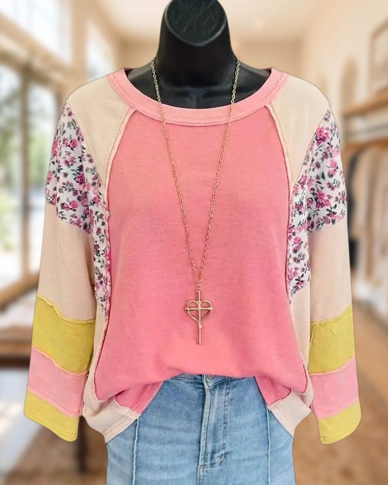 Floral Patchwork Contrast Panel Exposed Seam Loose Long Sleeve Top
