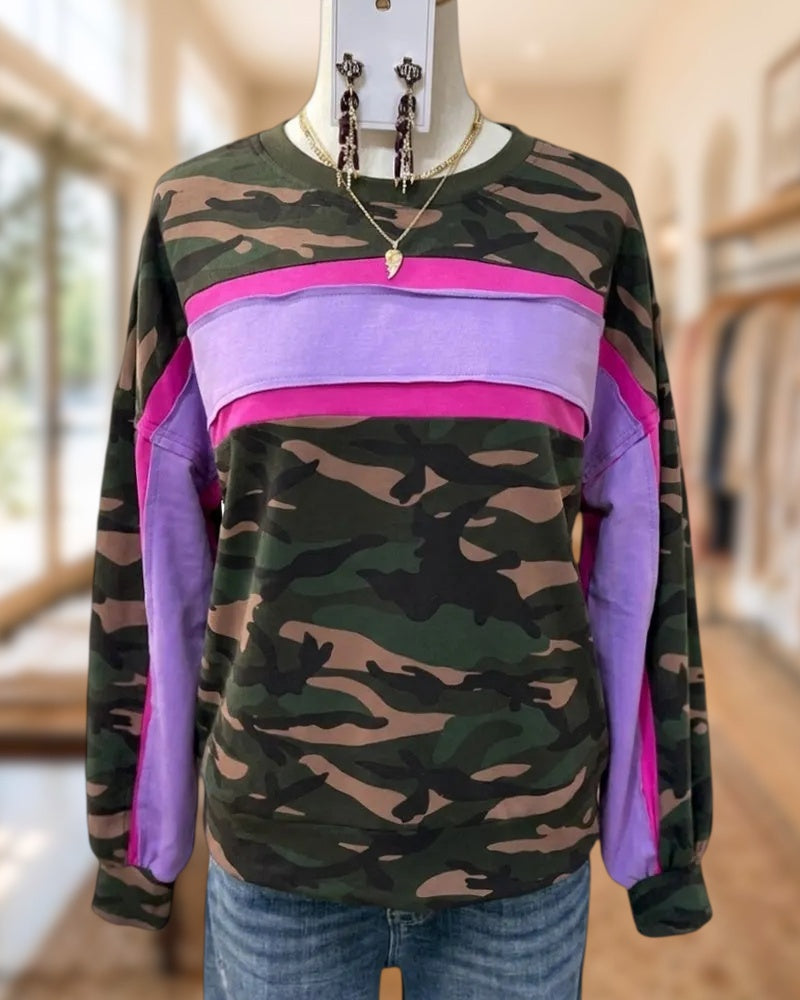Color Block Paneled Camouflage Crew Neck Long Sleeve Casual Sweatshirt
