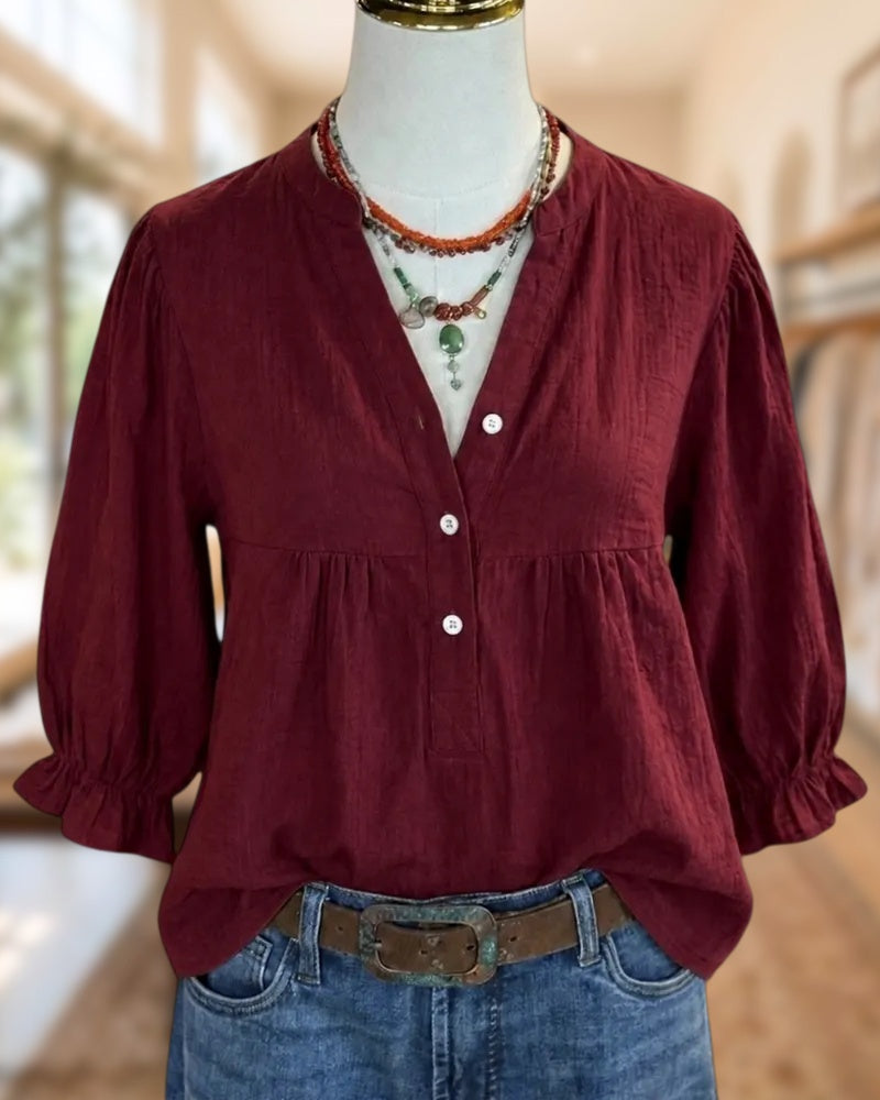 V Neck Button Front Ruffle Cuff Gathered Casual Blouse