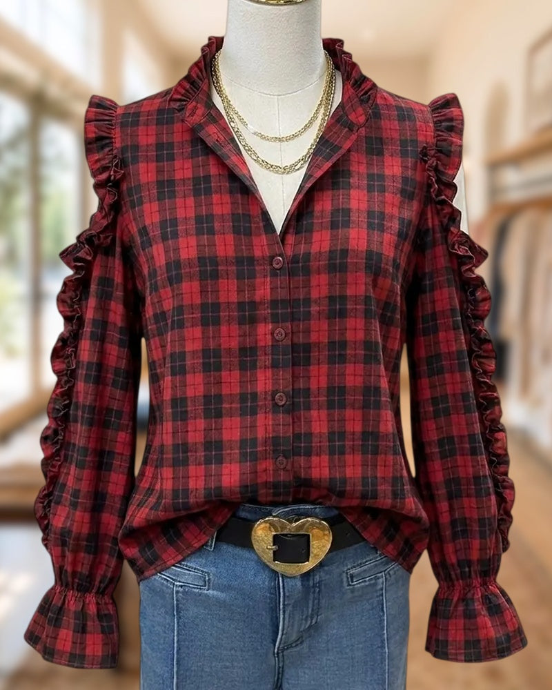 Ruffled Trim Plaid Print Button Front Long Sleeve Preppy Blouse