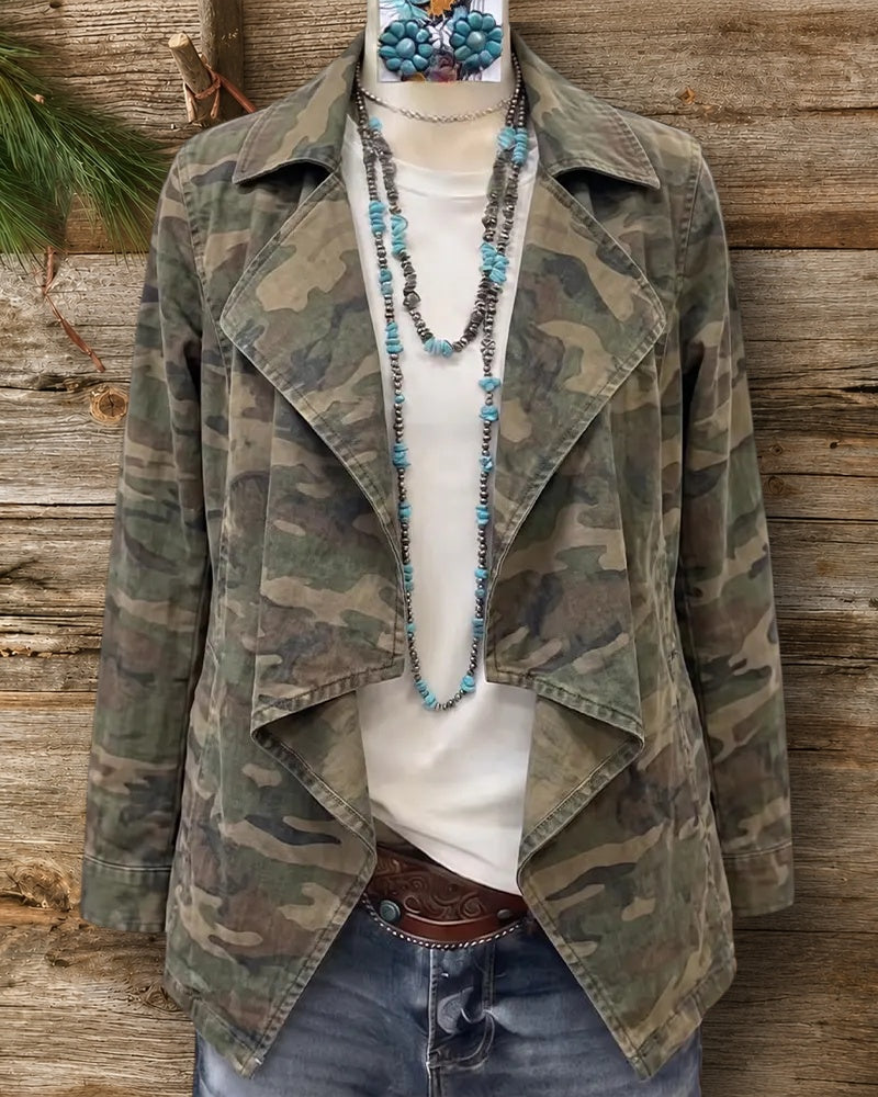 Camo Print Open Front Lapel Long Sleeve Casual Jacket