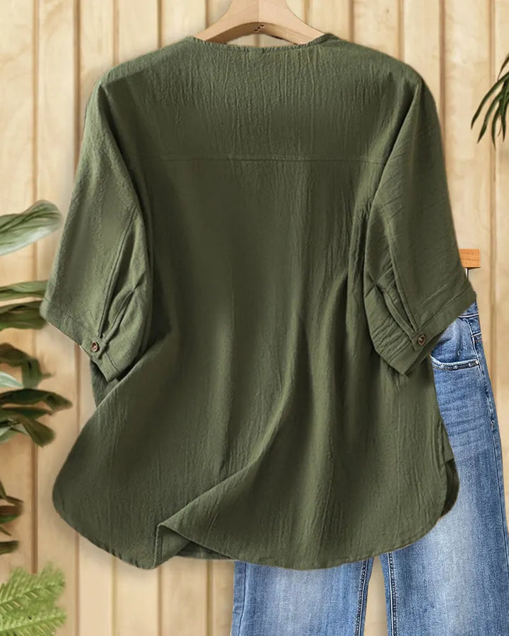 Solid Color Button Front Relaxed O Neck Blouse