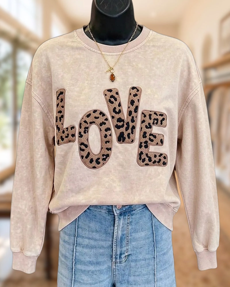 Leopard Letter Embroidery Crew Neck Long Sleeve Relaxed Fit Sweatshirt