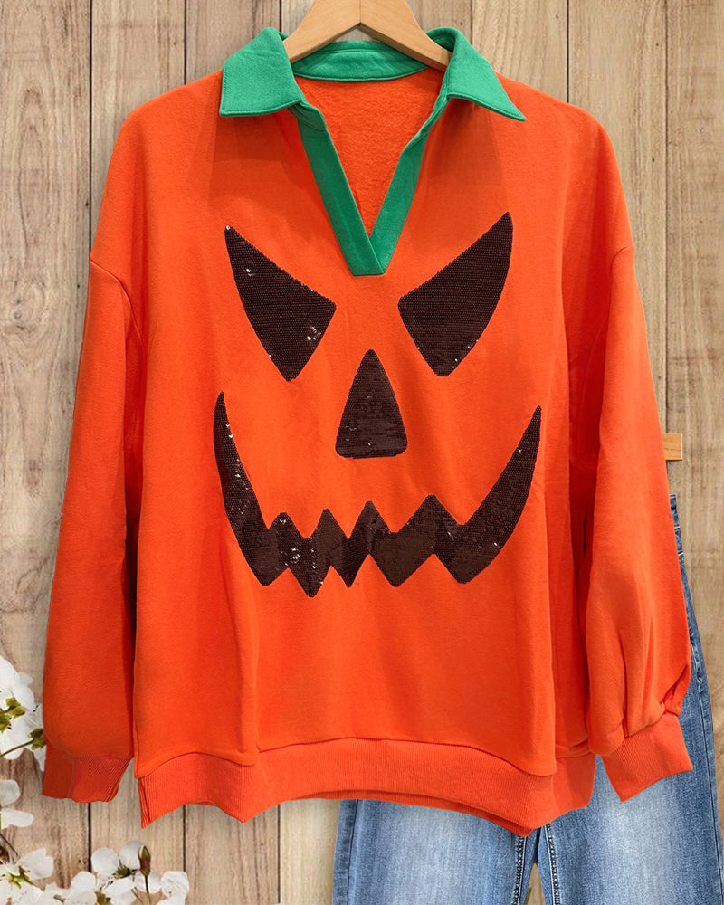 Halloween Pumpkin Face Contrast Collared Playful Sweatshirt