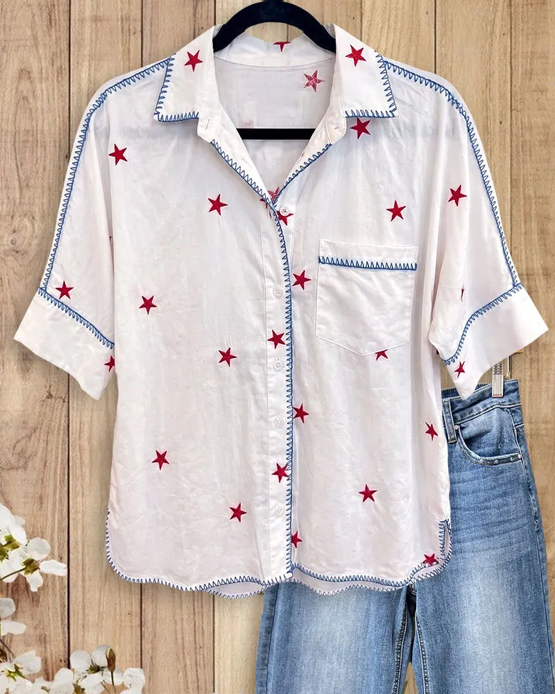 Star Embroidered Contrast Stitch Short Sleeve Chest Pocket Shirt