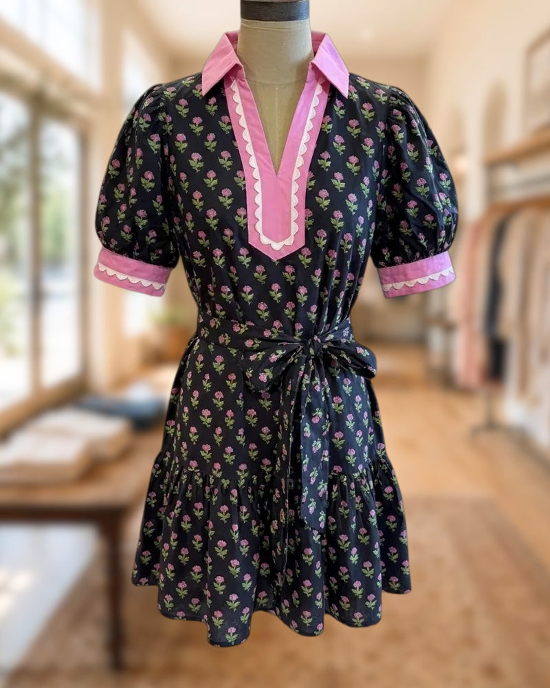 Collared Puff Sleeve Belted Contrast Trim Tiered Mini Dress