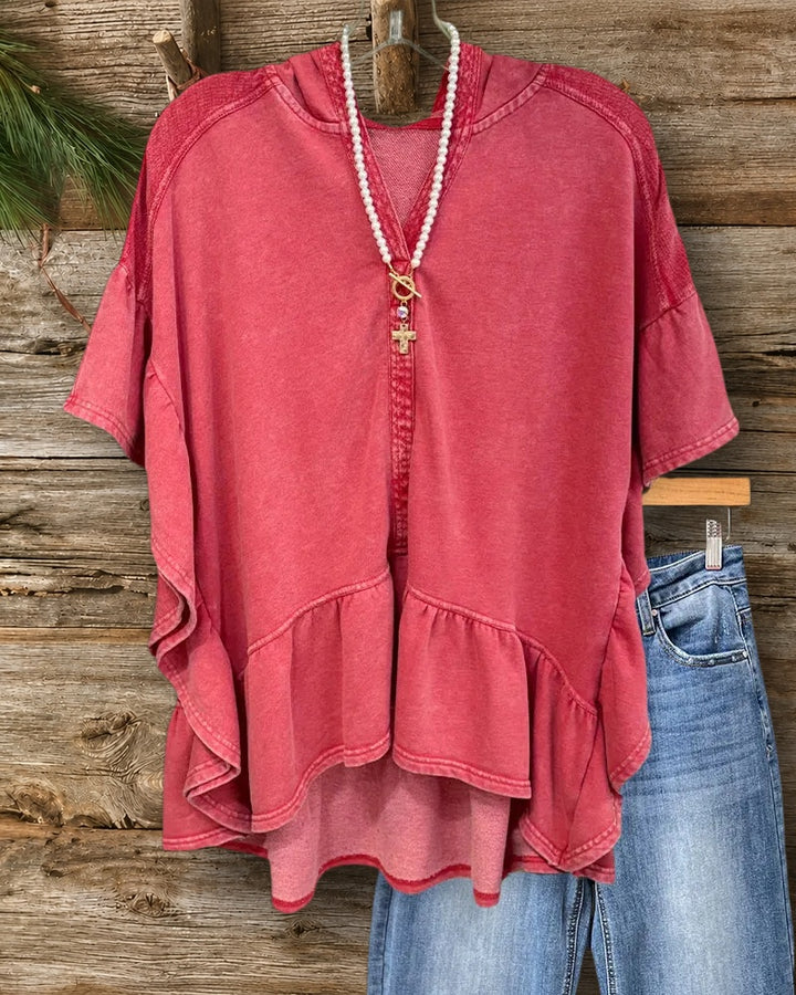 Hooded V Placket Ruffled Hem Short Sleeve Loose Top