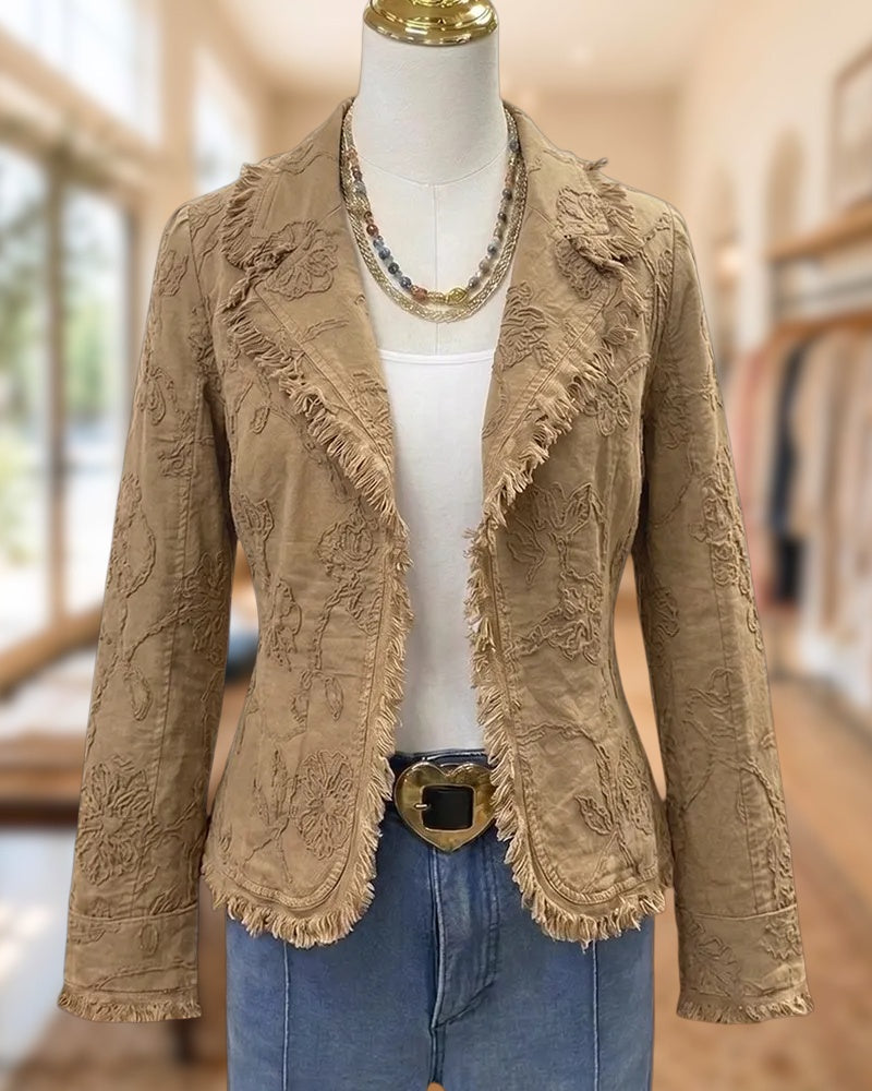 Floral Embroidered Tassels Trim Notched Lapel Bohemian Blazer