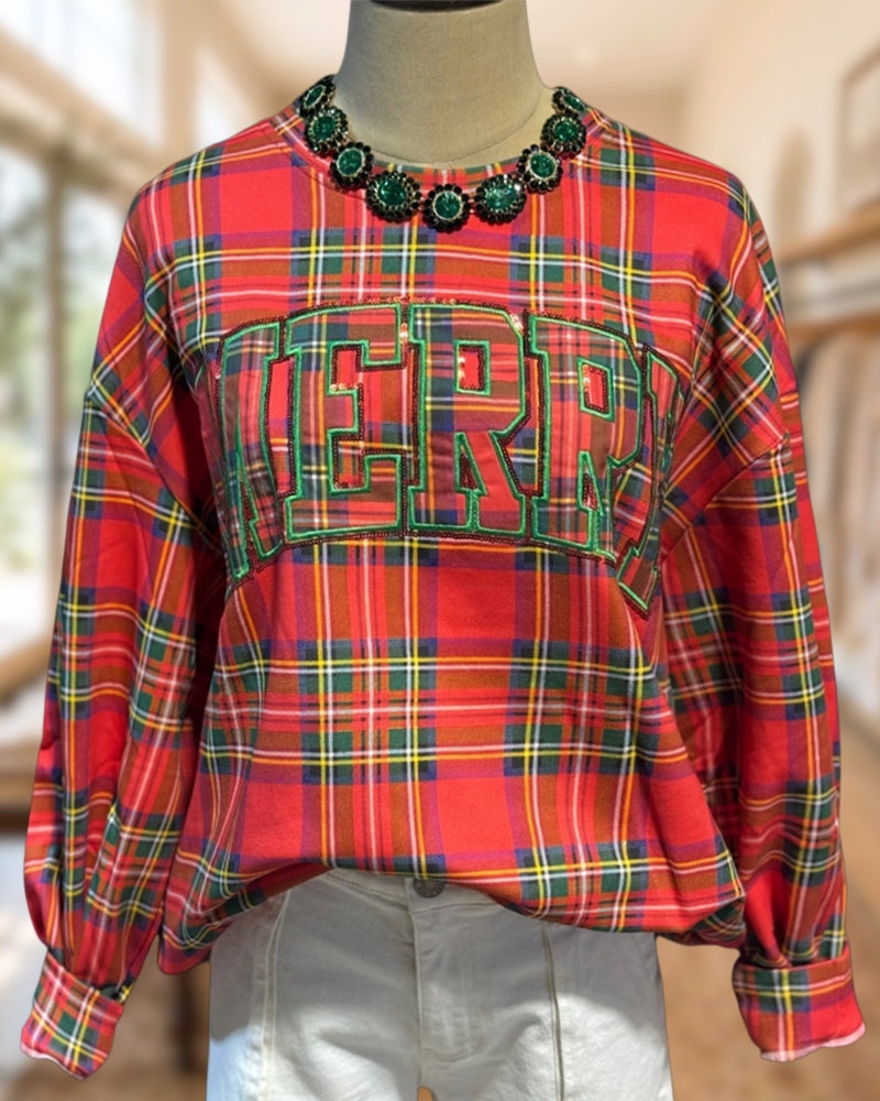 Plaid Merry Letter Applique Long Sleeve Crew Neck Cheerful & Fun Sweatshirt