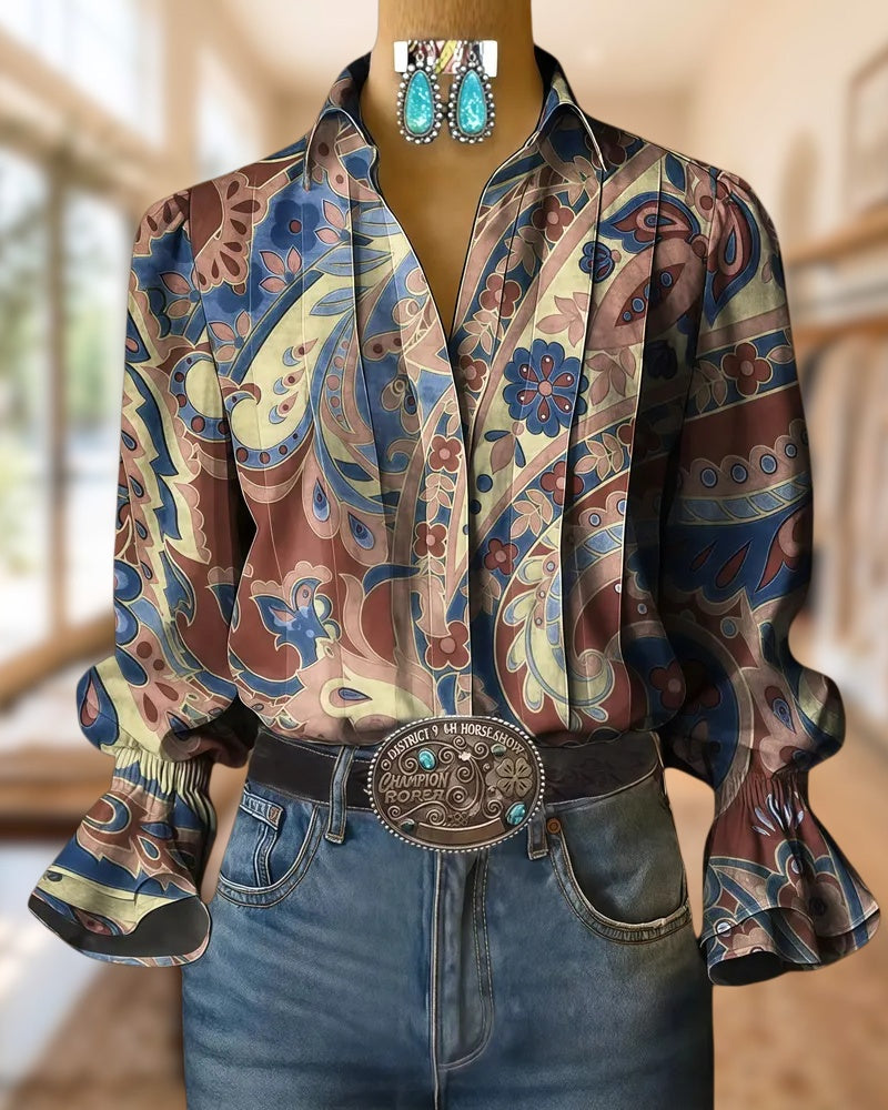 Paisley Print Trumpet Sleeve Rocking Button Up Blouse