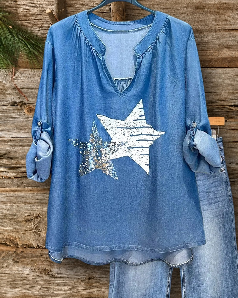 Star Print Split Neck Casual Wear Blouse